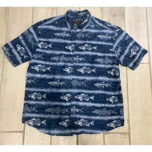 Woolrich Fish Print Short Sleeve Button-up Shirt Size Large Blue‎
